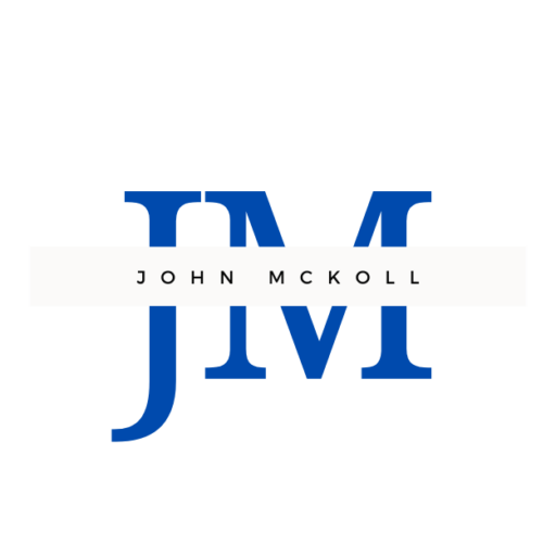 Logo for John McKoll. A capital letter J and M with John McKoll written across them.